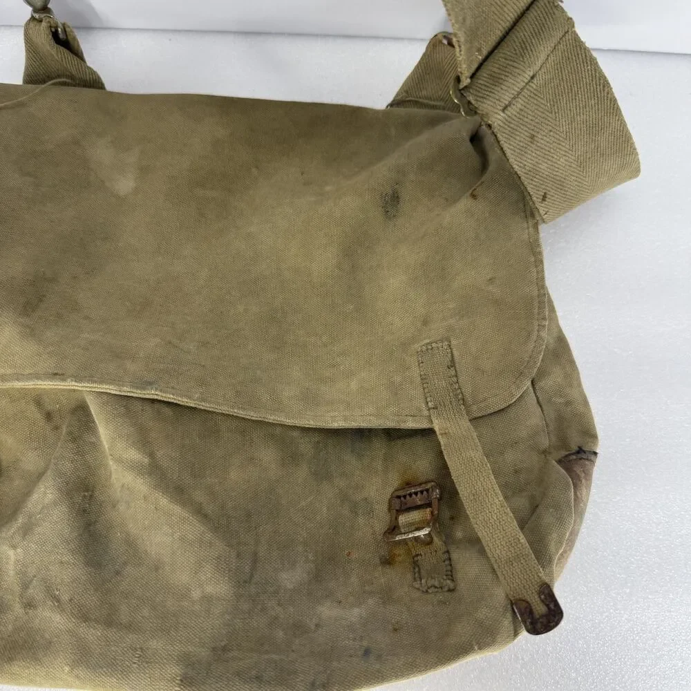 Vintage 1940s WWII US Navy Military Canvas Messenger Bag Canvas Leather Buckle